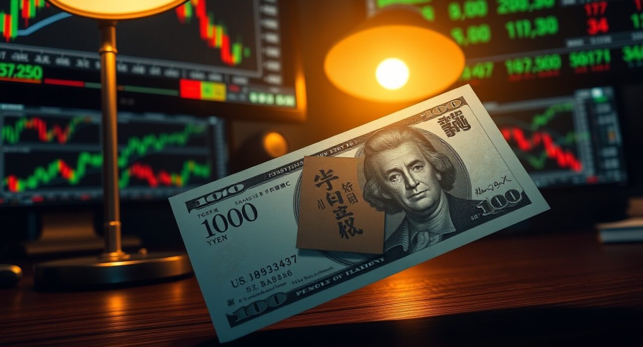 Japanese yen and US dollar banknotes on a trading desk with forex charts in background