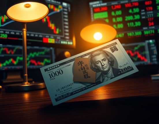 Japanese yen and US dollar banknotes on a trading desk with forex charts in background