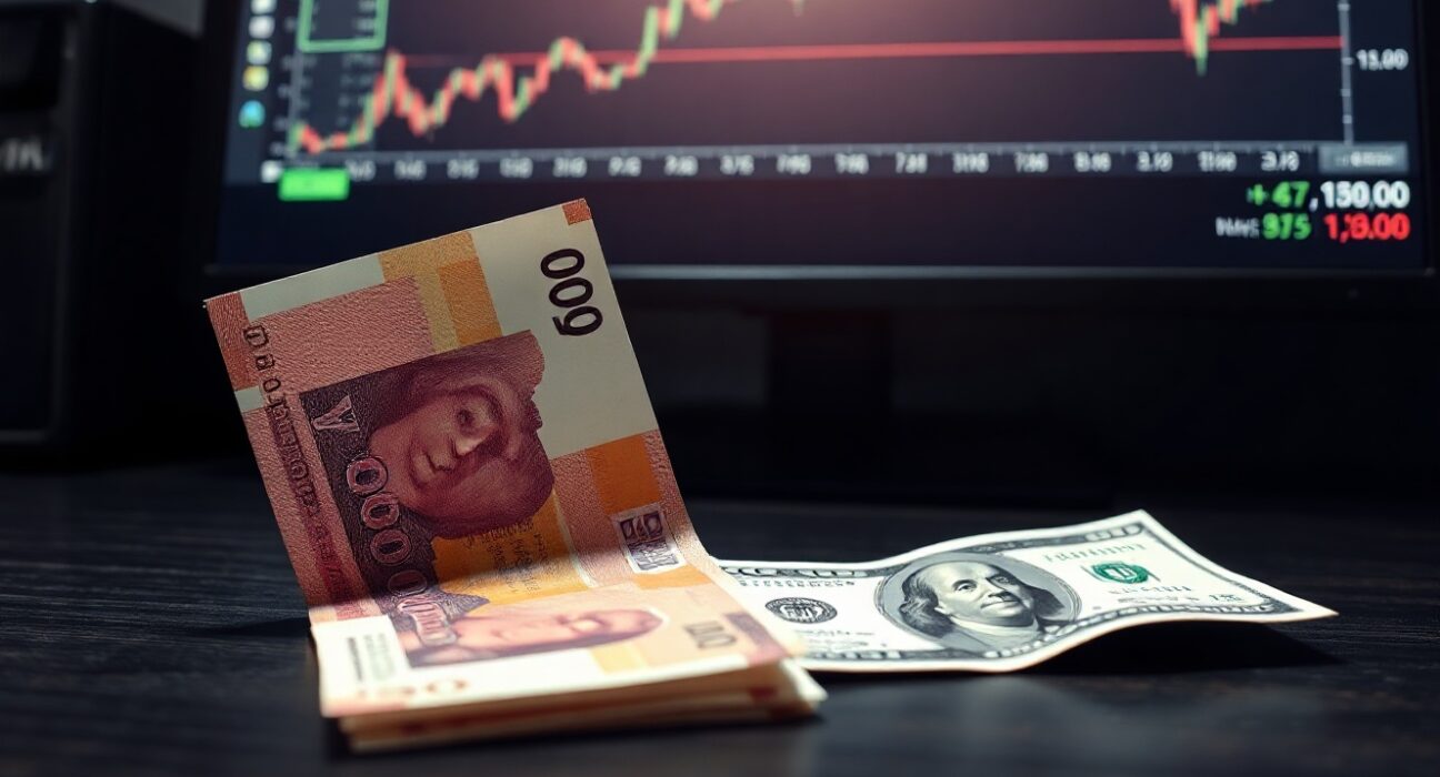 Japanese Yen banknote and US Dollar bill on desk with trading chart showing USD/JPY near 160 level