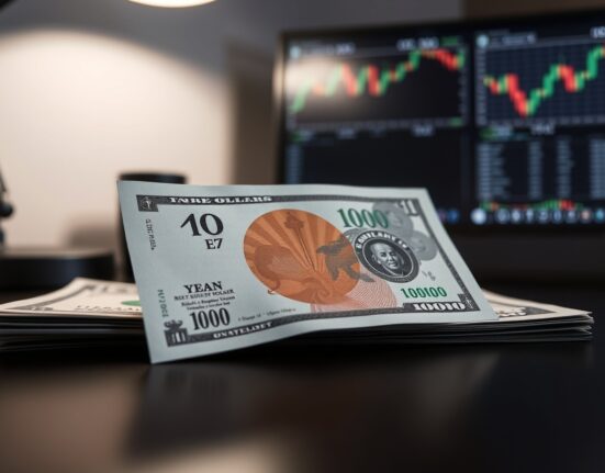 Close-up of Japanese Yen and US Dollar banknotes on a desk, representing forex market analysis and intervention risk.