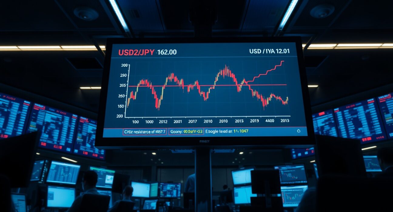 Trading desk screen showing USD/JPY chart with 162 level highlighted, indicating intervention risk for the Japanese Yen.