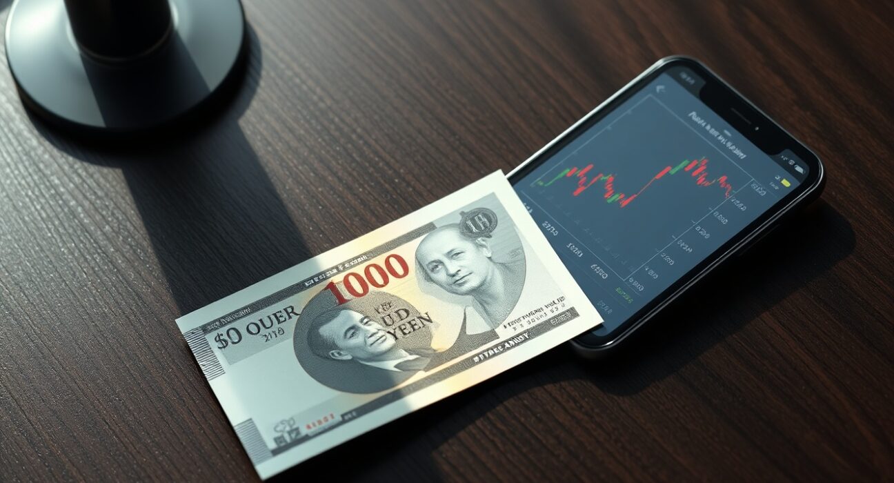Japanese Yen 10,000 note and smartphone showing USD/JPY chart on desk