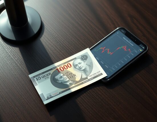 Japanese Yen 10,000 note and smartphone showing USD/JPY chart on desk
