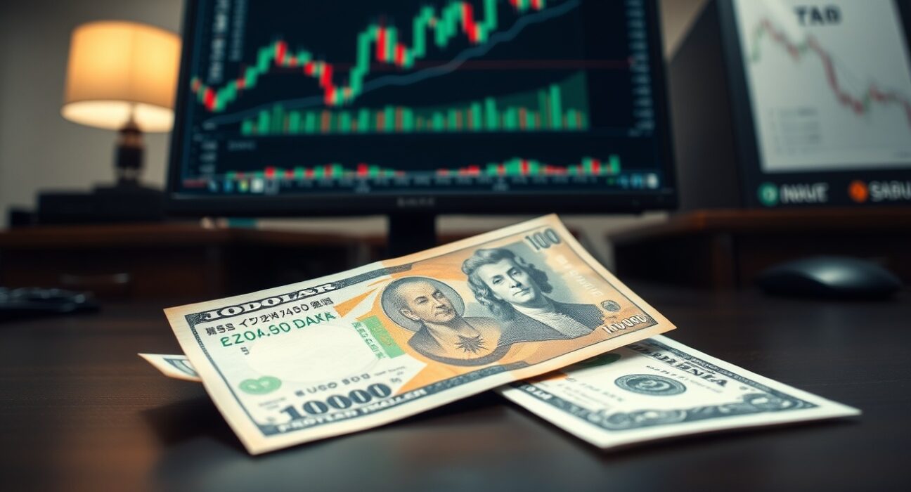 Japanese yen banknote and US dollar on desk with forex chart in background