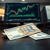 Japanese yen banknote and US dollar on desk with forex chart in background