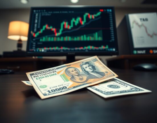 Japanese yen banknote and US dollar on desk with forex chart in background