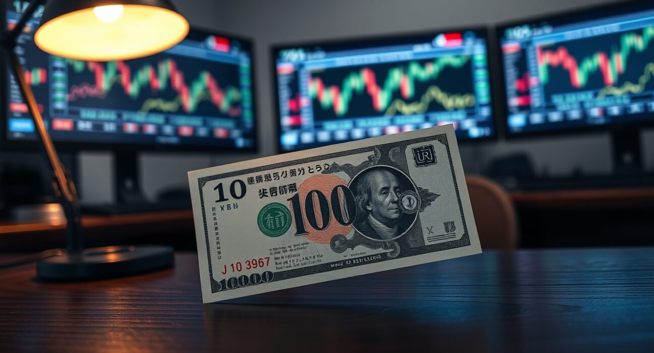 Japanese yen and US dollar banknotes on a desk with financial monitors in background