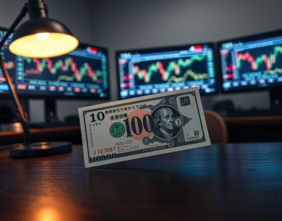 Japanese yen and US dollar banknotes on a desk with financial monitors in background