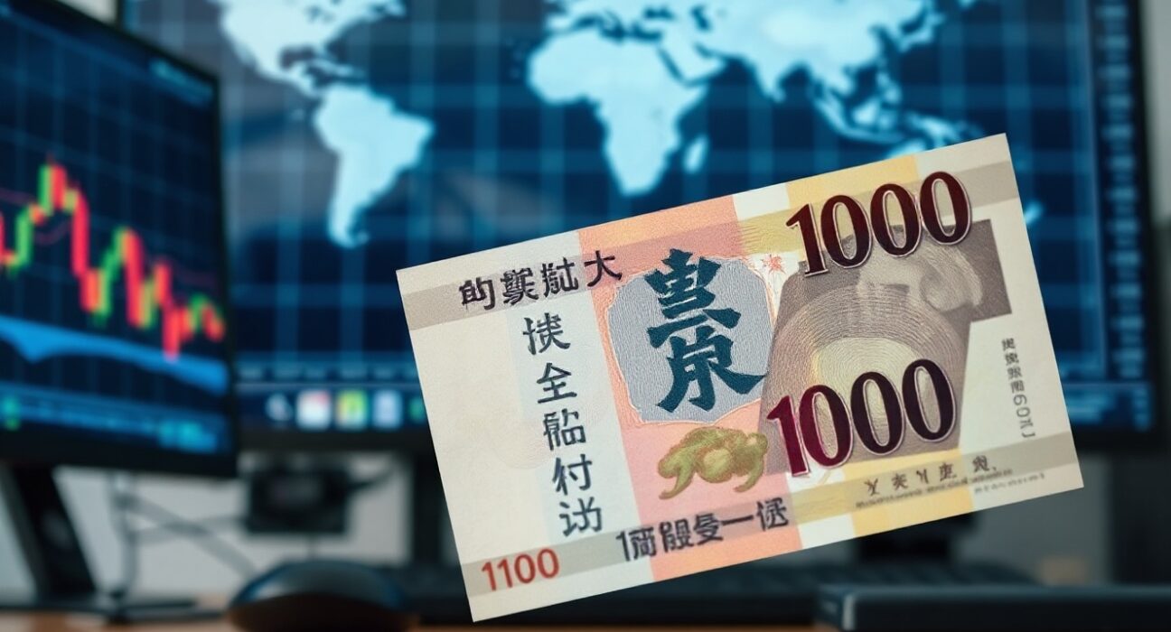 Close-up of Japanese yen banknote with financial charts and world map in background