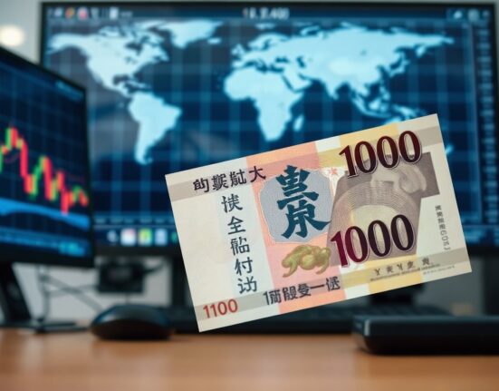 Close-up of Japanese yen banknote with financial charts and world map in background
