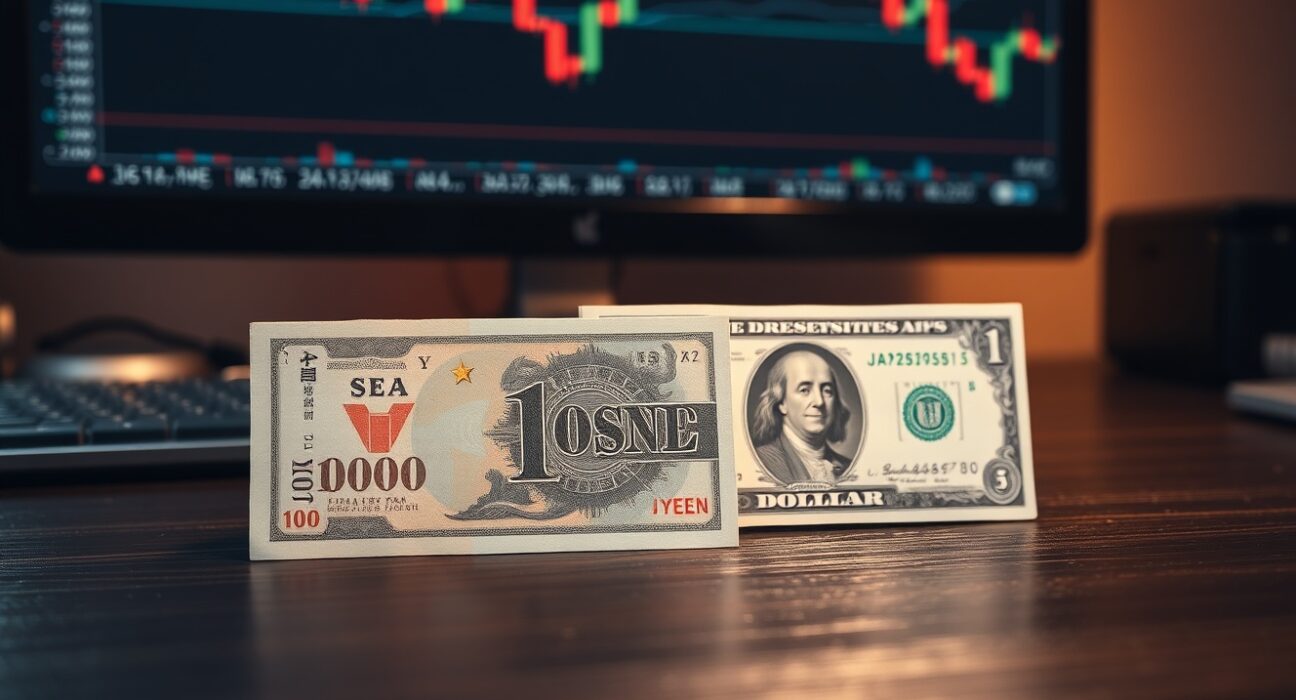 Japanese yen and US dollar banknotes with USD/JPY chart in background, representing currency intervention risk analysis