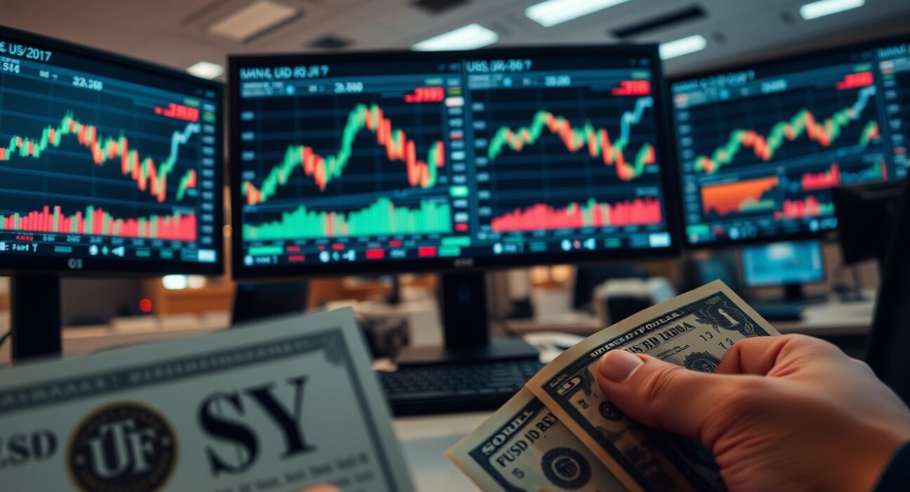 Financial analyst monitors USD/JPY forex charts with Japanese yen and US dollar notes on desk