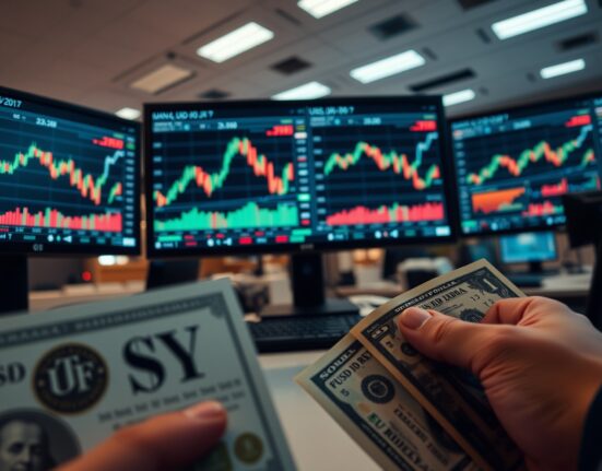 Financial analyst monitors USD/JPY forex charts with Japanese yen and US dollar notes on desk
