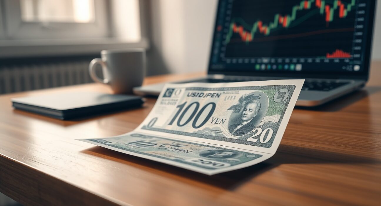 Japanese Yen banknote on desk with financial chart indicating USD/JPY trend