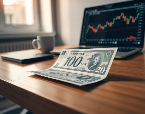 Japanese Yen banknote on desk with financial chart indicating USD/JPY trend