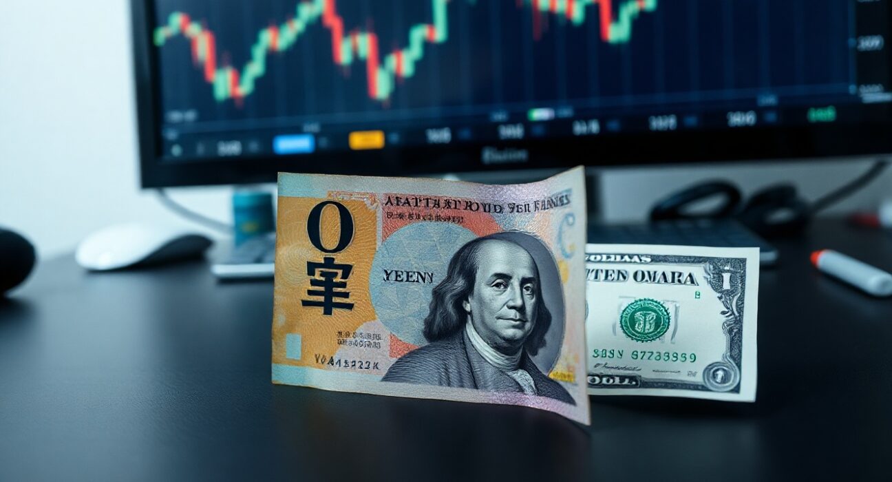 Japanese Yen and US Dollar banknotes on a desk with blurred financial charts in the background.