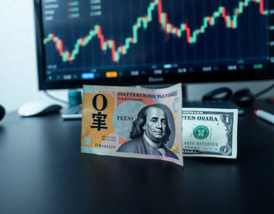 Japanese Yen and US Dollar banknotes on a desk with blurred financial charts in the background.