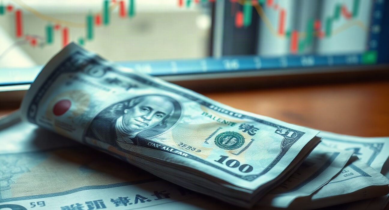 Japanese yen and US dollar banknotes with financial charts, symbolizing currency intervention risk.