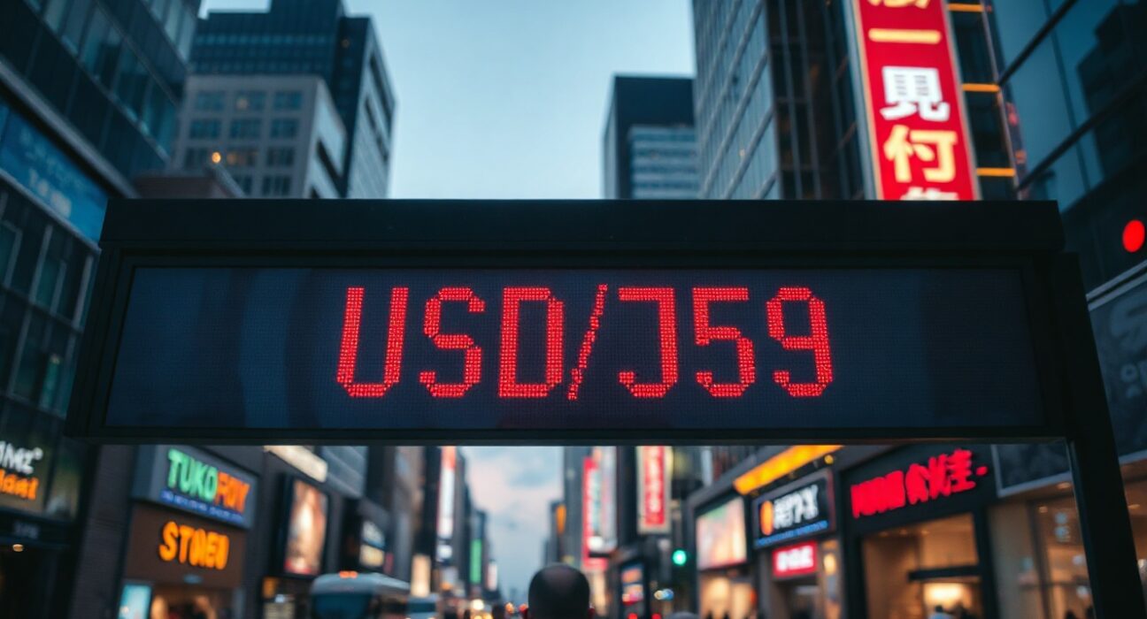 USD/JPY exchange rate board in Tokyo financial district with evening lights