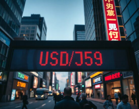 USD/JPY exchange rate board in Tokyo financial district with evening lights