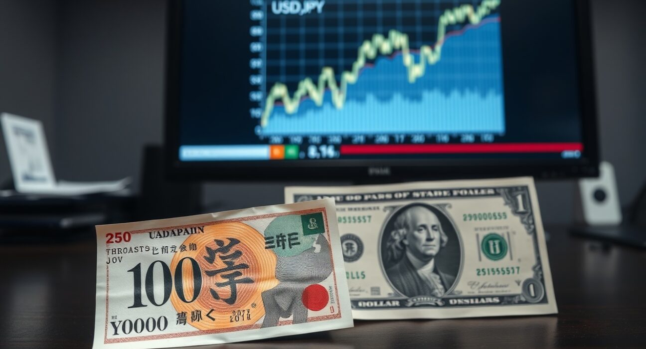Japanese Yen and US Dollar notes with a USD/JPY chart in the background approaching 160 level.