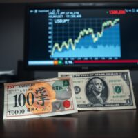 Japanese Yen and US Dollar notes with a USD/JPY chart in the background approaching 160 level.