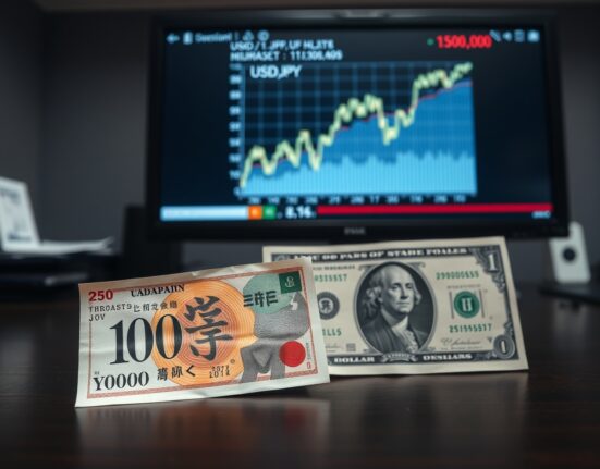 Japanese Yen and US Dollar notes with a USD/JPY chart in the background approaching 160 level.