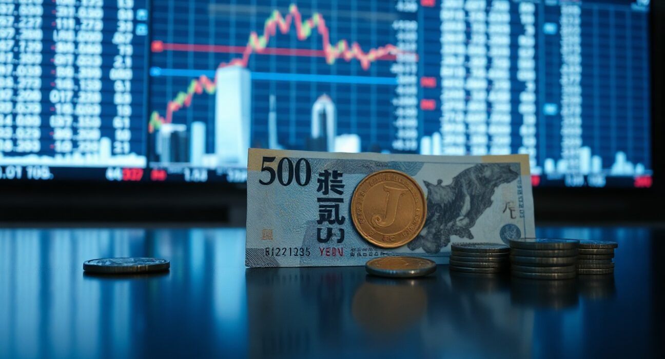 Japanese Yen banknotes and coins with financial charts in background, representing currency intervention risks.