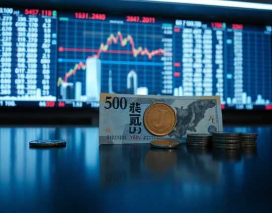Japanese Yen banknotes and coins with financial charts in background, representing currency intervention risks.