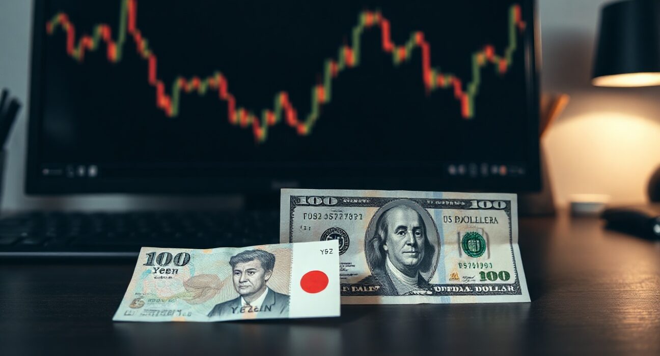 Japanese yen and US dollar banknotes on a desk with a financial chart in the background
