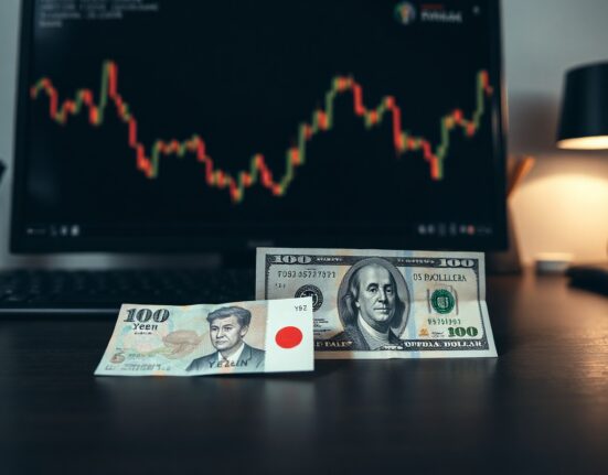 Japanese yen and US dollar banknotes on a desk with a financial chart in the background