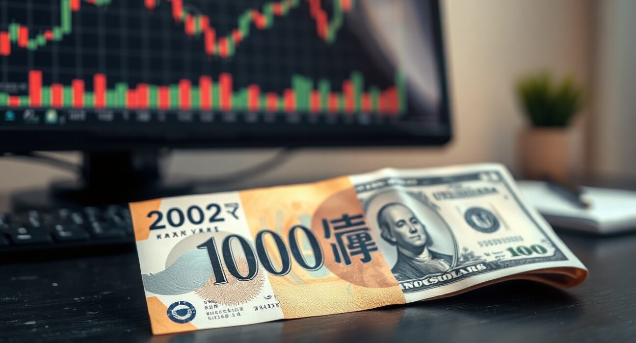 Japanese Yen and US Dollar banknotes on a desk with a financial chart in the background
