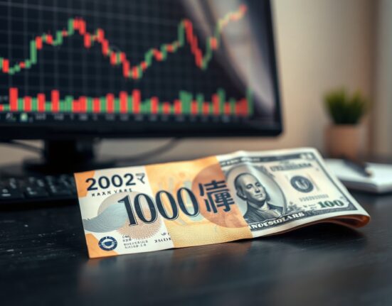 Japanese Yen and US Dollar banknotes on a desk with a financial chart in the background