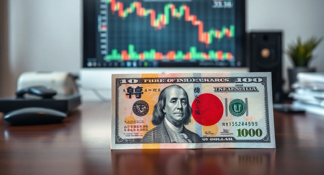 Japanese Yen and US Dollar banknotes on a desk with a blurred currency chart in the background, representing forex intervention risks.