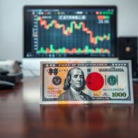Japanese Yen and US Dollar banknotes on a desk with a blurred currency chart in the background, representing forex intervention risks.