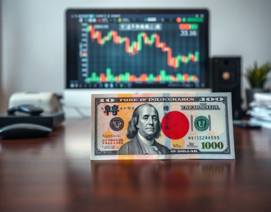 Japanese Yen and US Dollar banknotes on a desk with a blurred currency chart in the background, representing forex intervention risks.