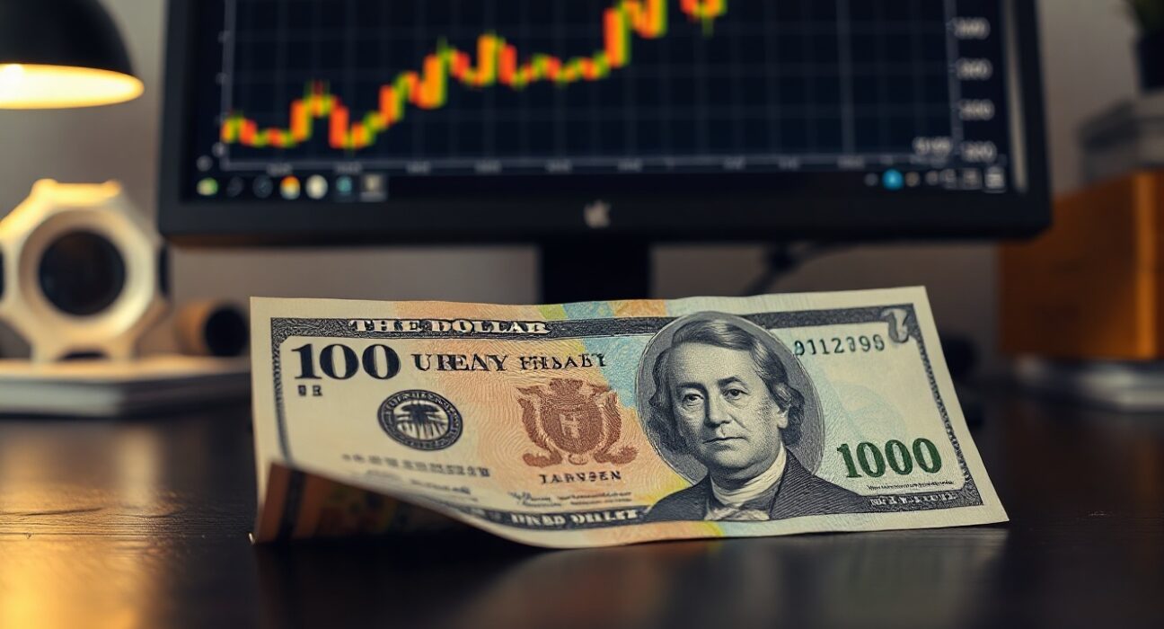 Japanese yen banknote and US dollar on desk with forex chart in background indicating fresh highs