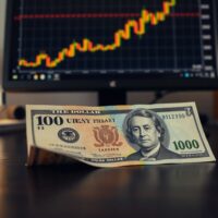Japanese yen banknote and US dollar on desk with forex chart in background indicating fresh highs