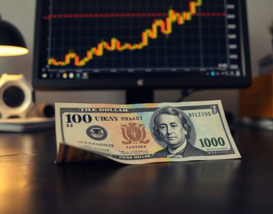 Japanese yen banknote and US dollar on desk with forex chart in background indicating fresh highs
