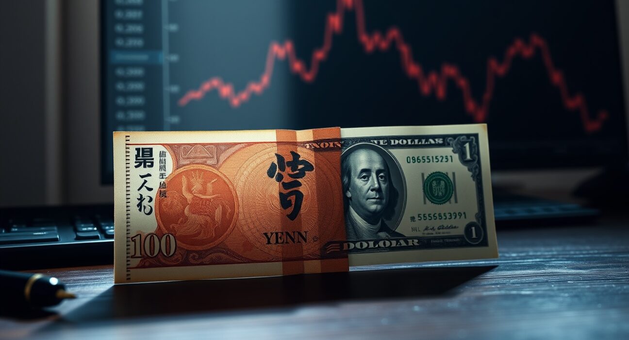 Japanese Yen and US dollar banknotes with a financial chart showing a downward trend.