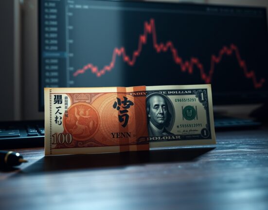 Japanese Yen and US dollar banknotes with a financial chart showing a downward trend.