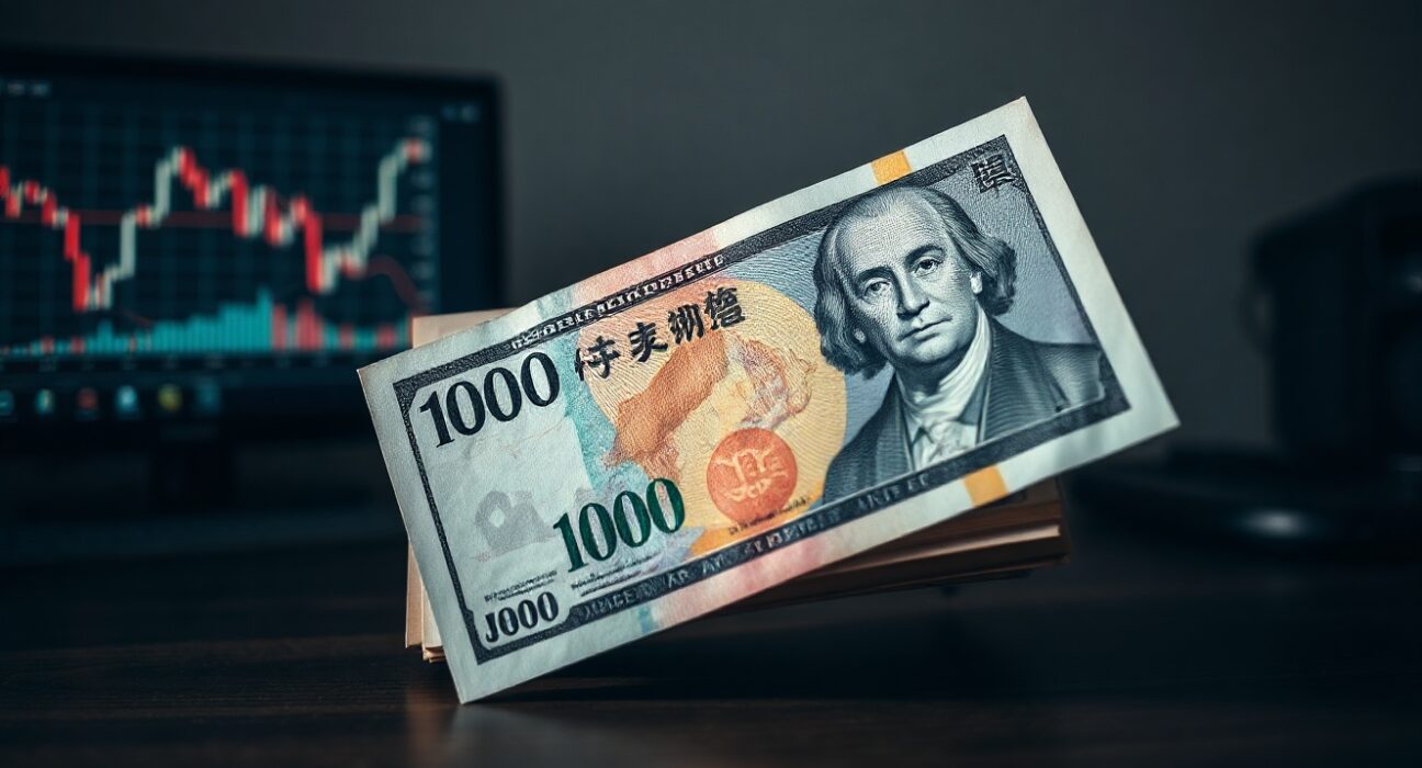 Close-up of Japanese Yen and US Dollar banknotes on a desk with a blurred forex chart in the background.