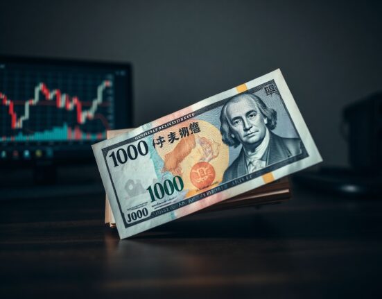 Close-up of Japanese Yen and US Dollar banknotes on a desk with a blurred forex chart in the background.