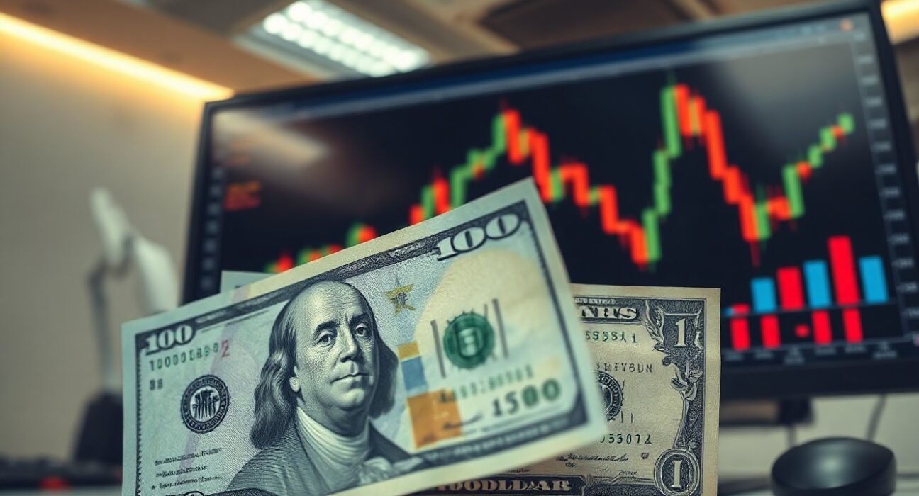 Japanese yen and US dollar banknotes on a trading desk with a USD/JPY chart on a monitor in the background.