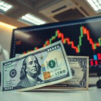 Japanese yen and US dollar banknotes on a trading desk with a USD/JPY chart on a monitor in the background.