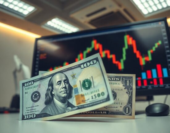 Japanese yen and US dollar banknotes on a trading desk with a USD/JPY chart on a monitor in the background.