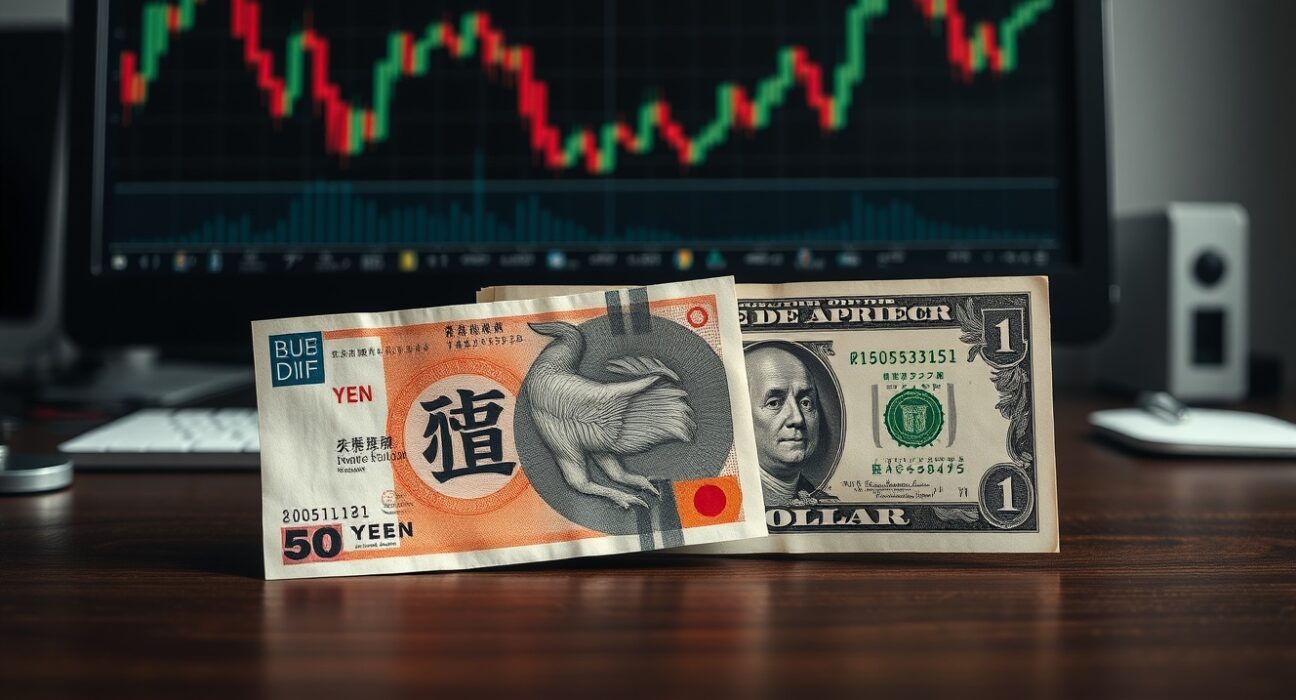 Japanese yen and US dollar banknotes with a financial chart in the background