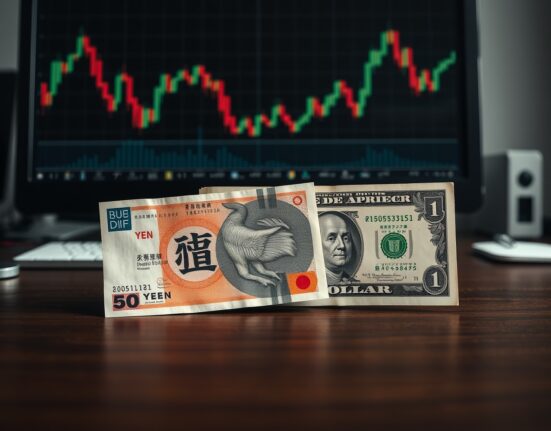 Japanese yen and US dollar banknotes with a financial chart in the background