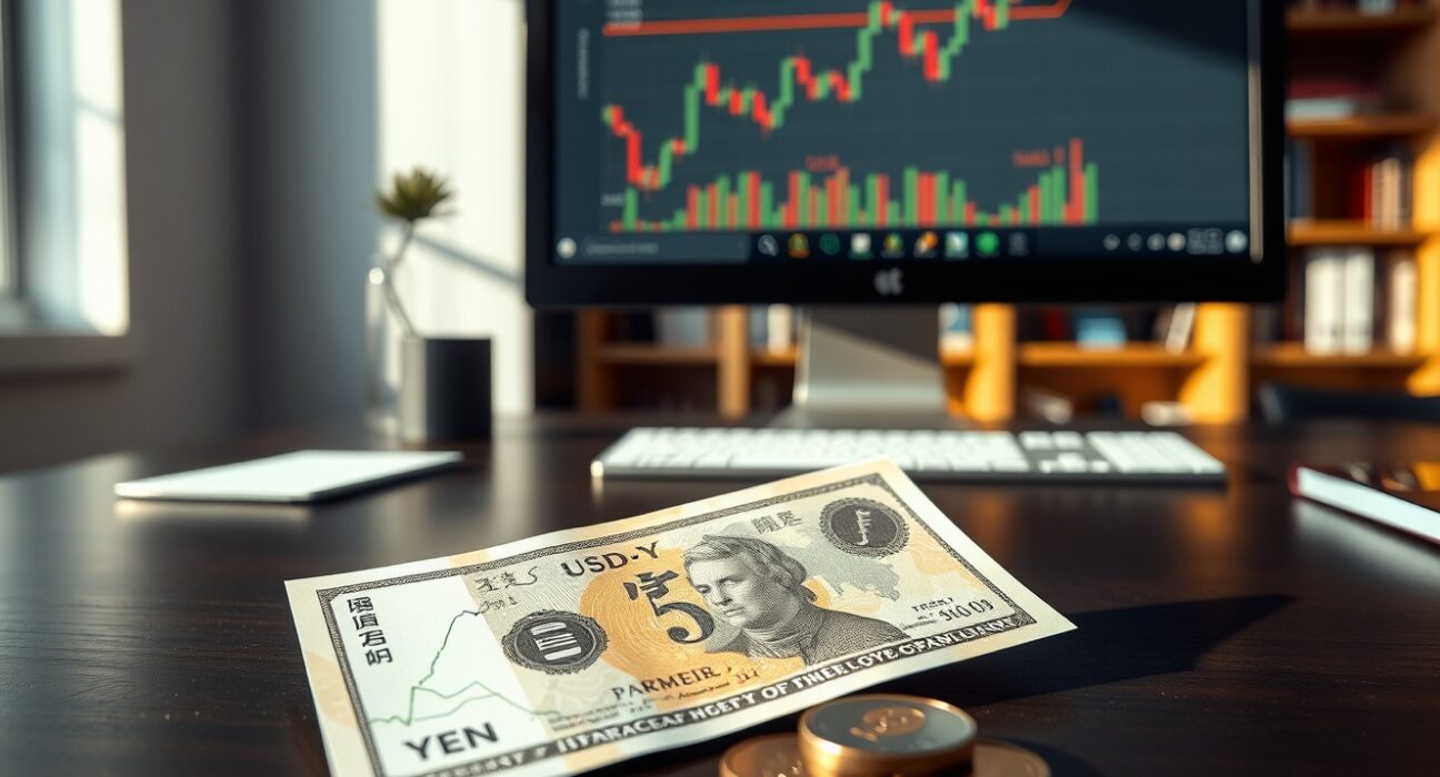 Japanese yen banknotes and coins on a desk with a forex chart on a computer monitor in the background