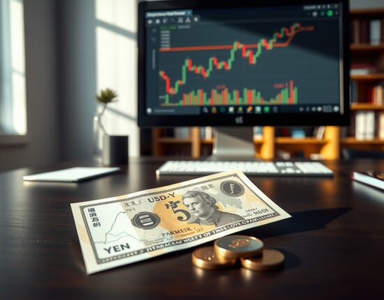 Japanese yen banknotes and coins on a desk with a forex chart on a computer monitor in the background